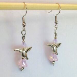 Artisan Tibetan Silver Hummingbird Earrings Pink Glass Flower Bead Dangle Nature